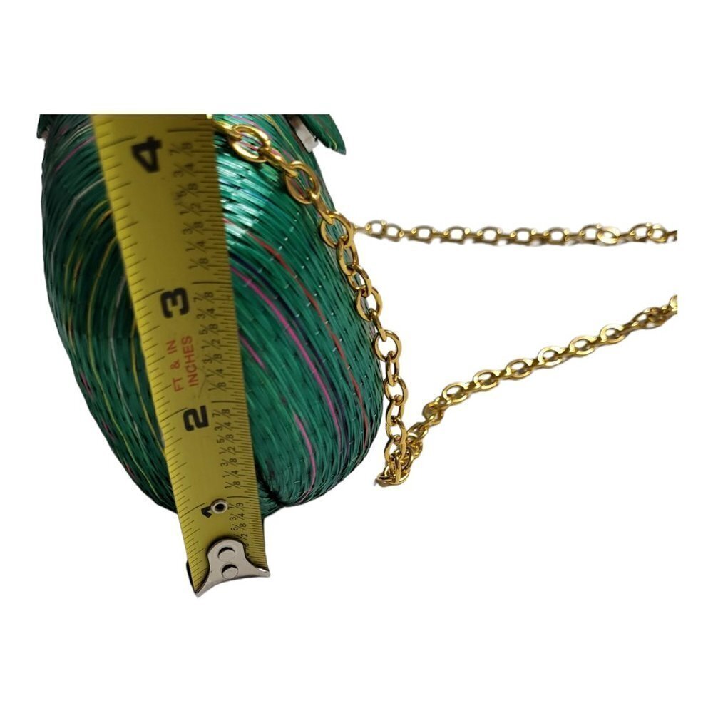 Green Raffia Shoulder Purse Gold Tone Chain Strap Striped With Snap Closure Bag - Picture 9 of 10